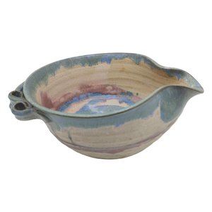 Handmade Signed Pottery Batter Mixing Bowl - 3c Small Green Beige Handle Spout